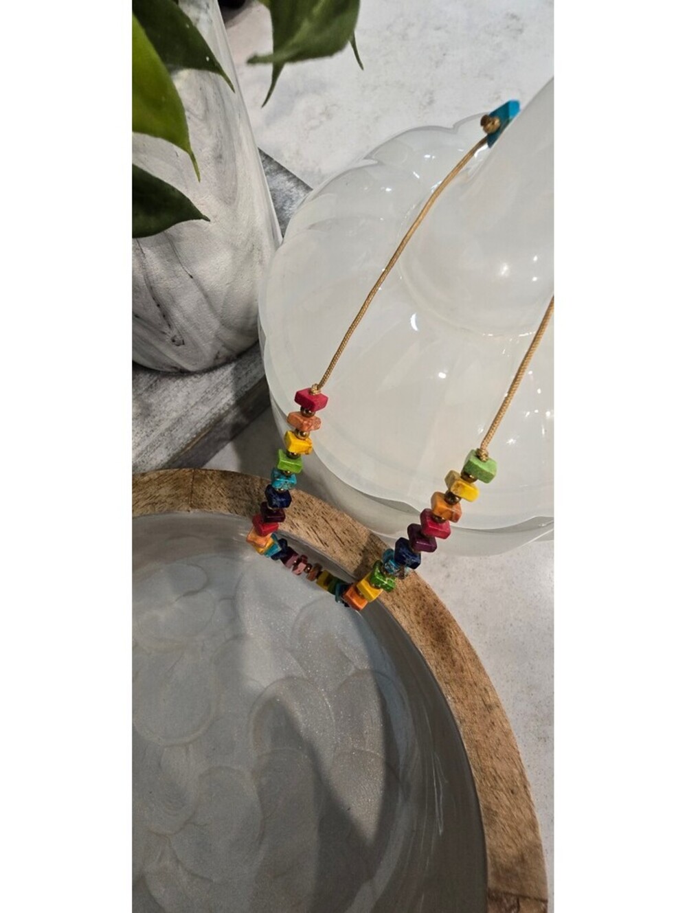 Colorful Beaded Bracelet with Multicolor Stone Chips on String
